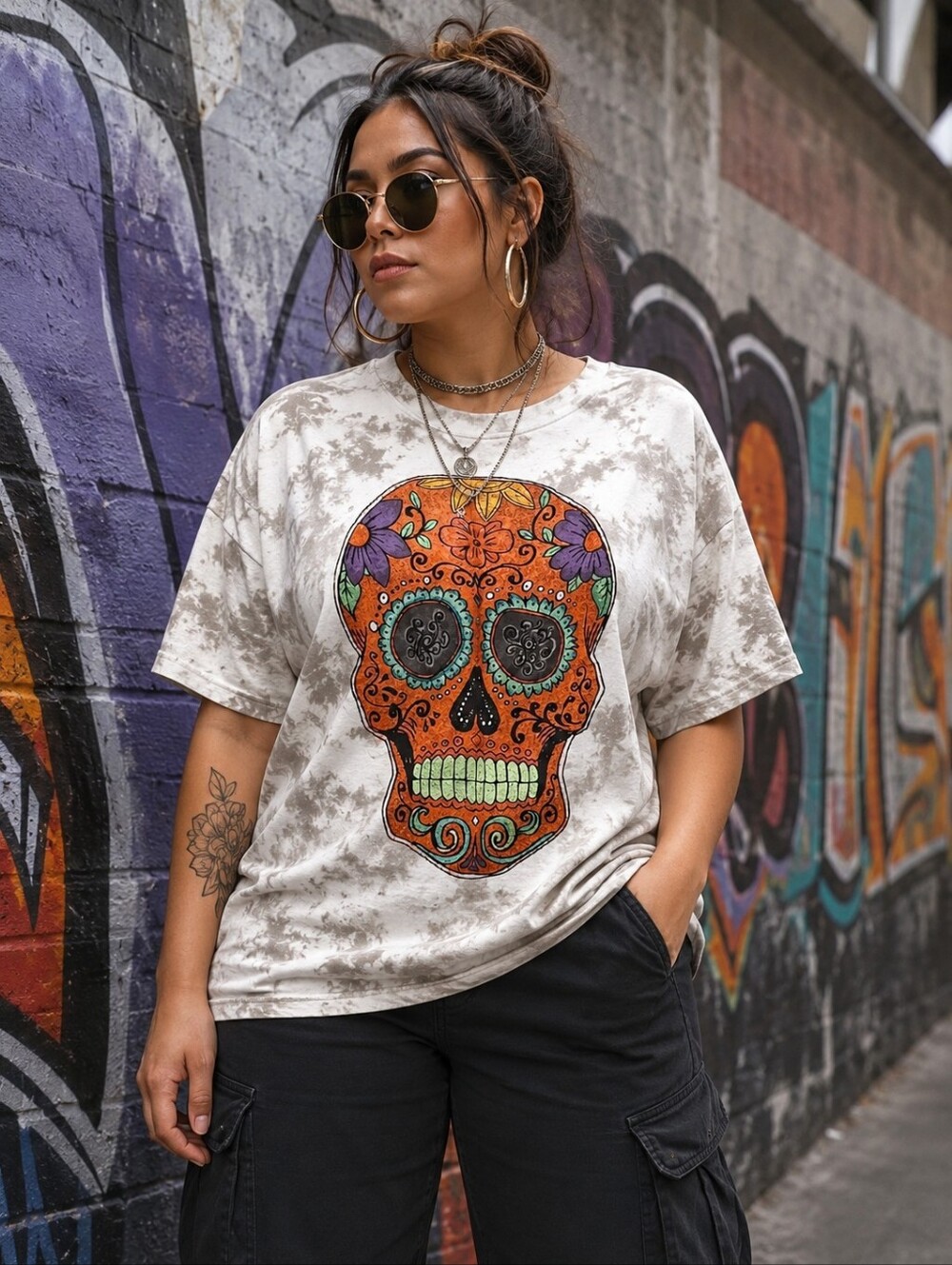 Sugar Skull On Gray Tie Dye Tshirt